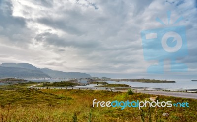 Norway Cloudy Summer Day. Bridges Over The Fjord Stock Photo