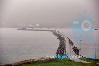 Norway Road And Bridges On Coastline Of A Fjord. Nordic Cloudy S… Stock Photo