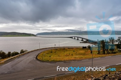 Norway Road And Bridges On Coastline Of A Fjord. Nordic Cloudy S… Stock Photo