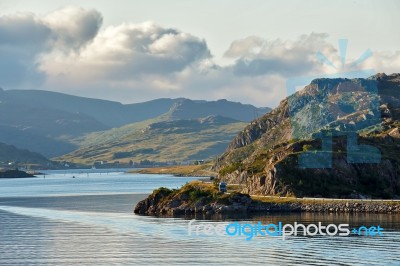 Norway Road On Coastline Of A Fjord. Nordic Sunny Summer Day Stock Photo