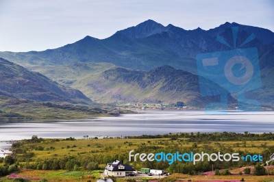 Norway Villages In Fjord. Cloudy Nordic Day Stock Photo