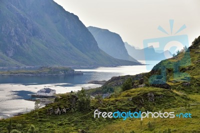 Norway Villages In Fjord. Cloudy Nordic Day Stock Photo