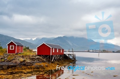 Norwegian Hut Rorbu On Bay Coast. Nordic Cloudy Summer Day Stock Photo