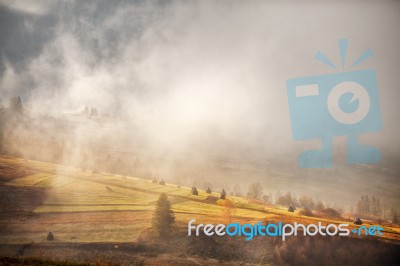 November Foggy Morning In The Hills Stock Photo