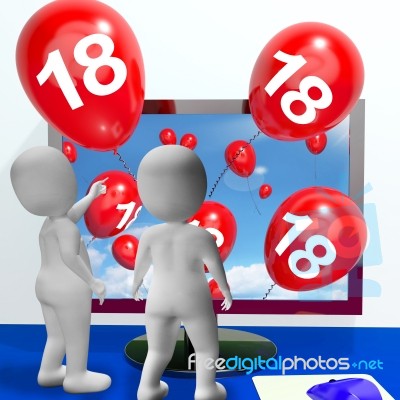 Number 18 Balloons From Monitor Show Online Invitation Or Celebr… Stock Image