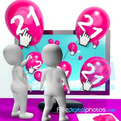 Number 21 Balloons From Monitor Show Internet Invitation Or Cele… Stock Image