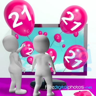 Number 21 Balloons From Monitor Show Online Invitation Or Celebr… Stock Image