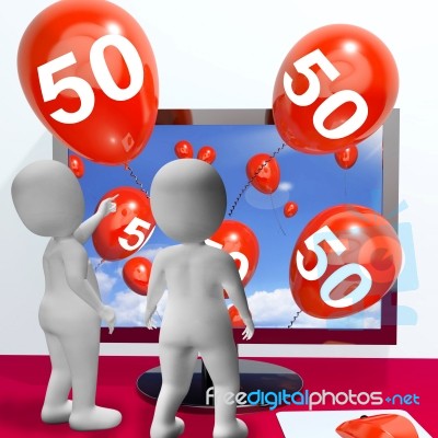 Number 50 Balloons From Monitor Show Online Invitation Or Celebr… Stock Image