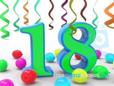 Number Eighteen Party Means Colourful Teen Celebration Or Event Stock Image