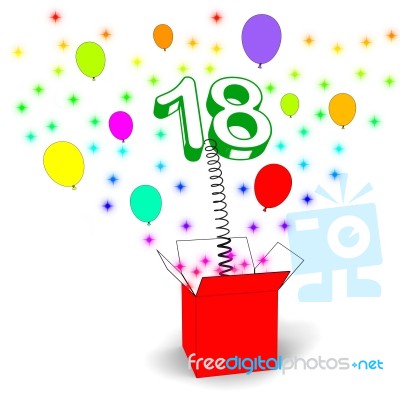 Number Eighteen Surprise Box Means Party Decorations And Sparkli… Stock Image