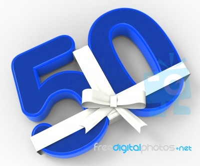 Number Fifty With Ribbon Shows Fiftieth Birthday Celebration Or Stock Image