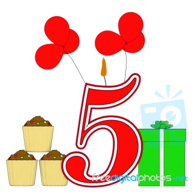 Number Five Candle Shows Fourth Birthday Or Birth Anniversary Stock Image