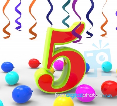 Number Five Party Shows Multi Coloured Decorations And Confetti Stock Image