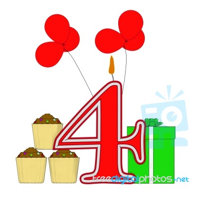 Number Four Candle Means Multi Coloured Decorations Or Birthday Stock Image