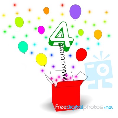 Number Four Surprise Box Shows Sparkling Confetti And Colourful Stock Image