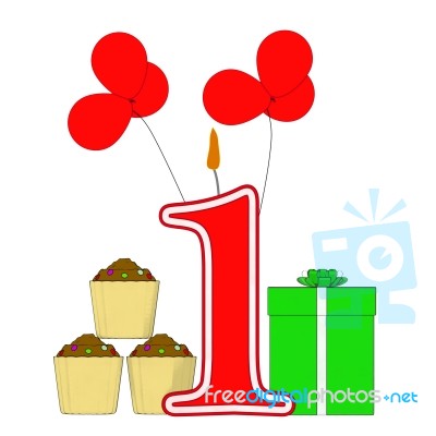 Number One Candle Shows One Year Birthday Party Or Celebration Stock Image