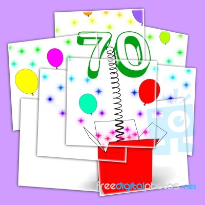 Number Seventy Surprise Box Displays Sparkling Balloons And Conf… Stock Image