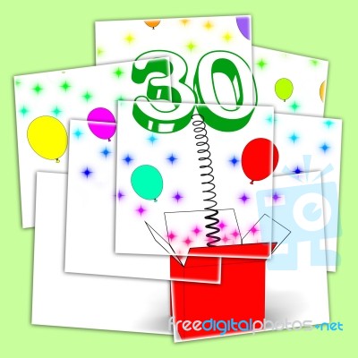 Number Thirty Surprise Box Displays Sparks And Balloons Explosio… Stock Image