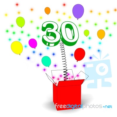 Number Thirty Surprise Box Shows Sparks And Balloons Explosion Stock Image