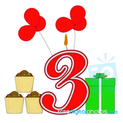 Number Three Candle Shows Birthday Presents And Cupcakes Stock Image