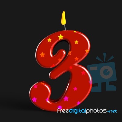 Number Three Candle Shows Colourful Birthday Candles Stock Image