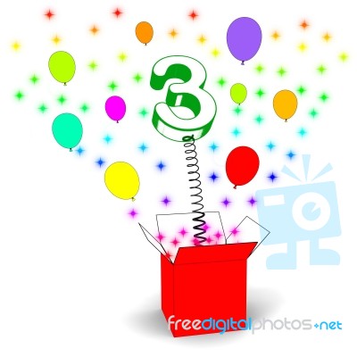 Number Three Surprise Box Means Celebration And Colourful Balloo… Stock Image