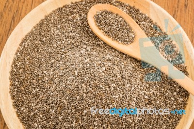 Nutritious Chia Seeds On A Wooden Plate Stock Photo