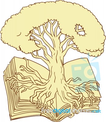 Oak Tree Rooted On Book Drawing Stock Image