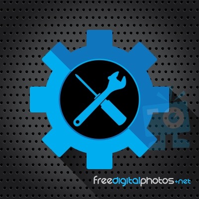 Object Tool And Blue Icon Design. Wrench With Screwdriver On A Steel Circle Perforated Texture Background Stock Image