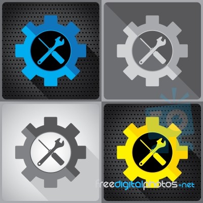 Object Tool And Colorful Icon Design. Screwdriver With Wrench On A Steel Circle Perforated Texture Background And Colorful Background Stock Image