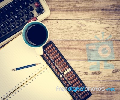 Office Desk With Coffee Background Stock Photo