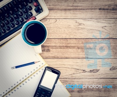 Office Desk With Coffee Background Stock Photo