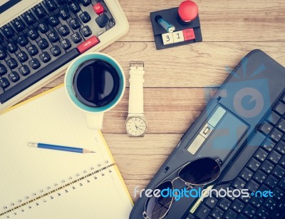 Office Desk With Coffee Background Stock Photo