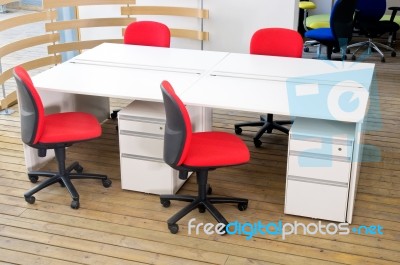 Office Desks And Red Chairs Cubicle Set Stock Photo