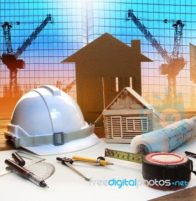 Office Tower And Home Construction Plan On Architect Working Tab… Stock Photo