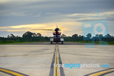 Offshore Helicopter Taxi Out To Runway For Oil Rig Operation Stock Photo