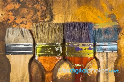 Oil Paint Brushes On Wood Painted Background Stock Photo