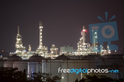 Oil Refinery Plant At Night Stock Photo