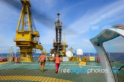 Oil Rig Helicopter And Passengers Stock Photo