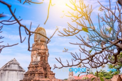 Old Ancient Pagoda In Lopburi Thailand, With Old Exterior Brick Wall Background Vintage Style Grung Texture Stock Photo