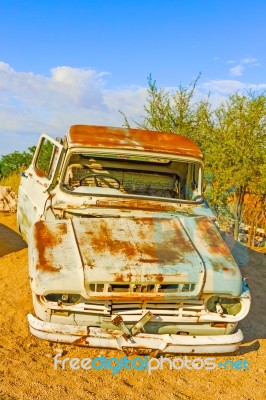 Old And Rusty Vintage Car In Namibia Stock Photo