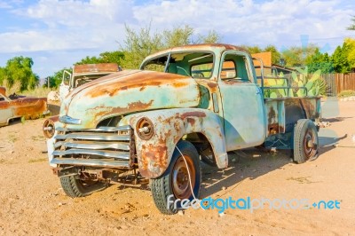 Old And Rusty Vintage Car In Namibia Stock Photo