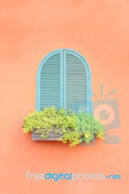 Old Arched Green Window On Orange Wall Stock Photo