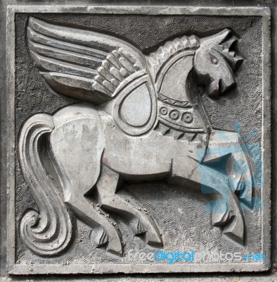 Old Bas-relief Of Fairytale Winged Horse Stock Photo