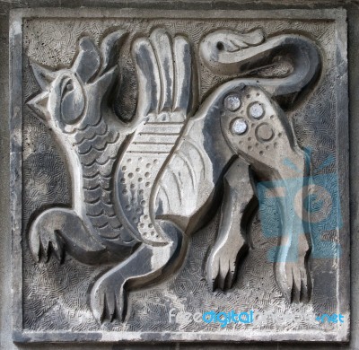 Old Bas-relief Of Fairytale Wolf Stock Photo