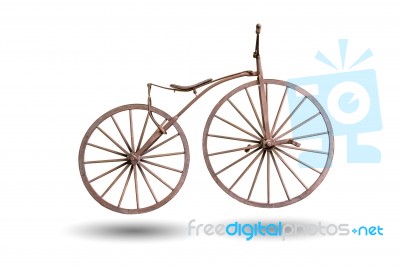 Old Bicycle With Wooden Wheels Isolated With Clipping Path Stock Photo