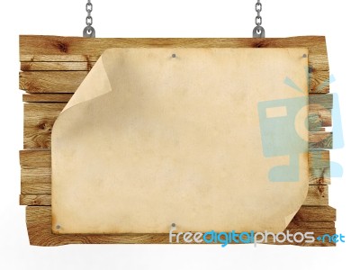 Old Blank Vintage Paper On Hanging Wooden Sign Stock Image