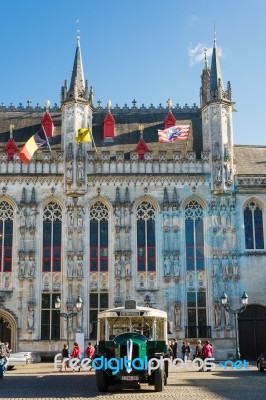 Old Bus In Market Square Bruges Stock Photo