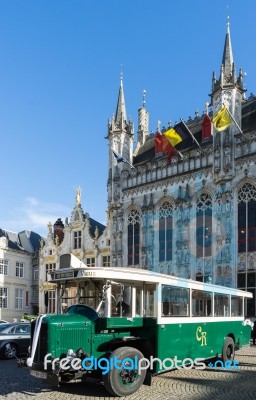 Old Bus Outside The Provincial Palace In Market Square Bruges We… Stock Photo