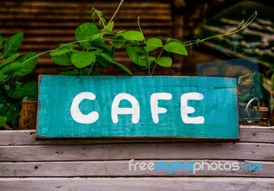 Old Cafe Sign On Wooden Stock Photo